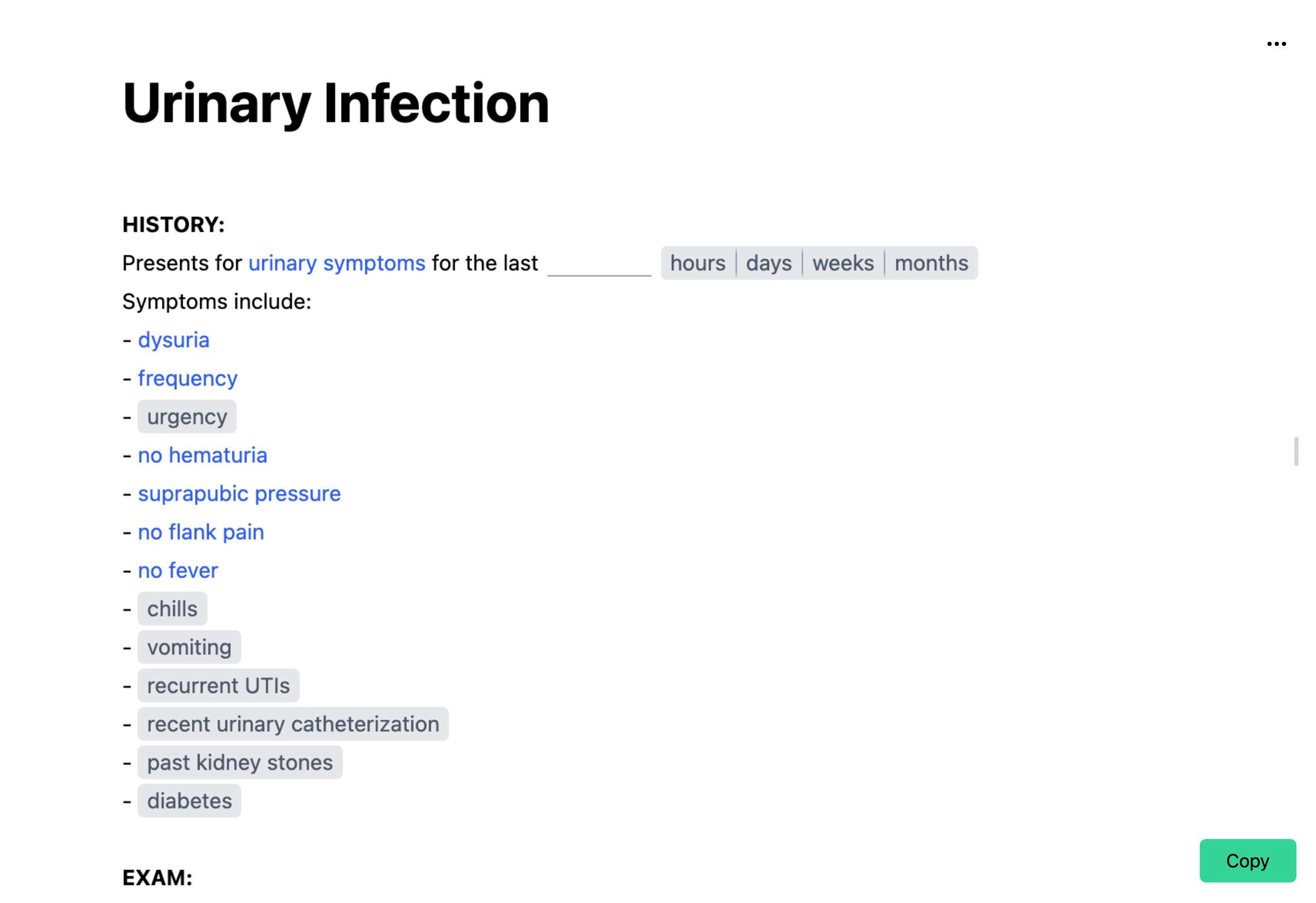Urinary Infection template in the Dilato desktop app