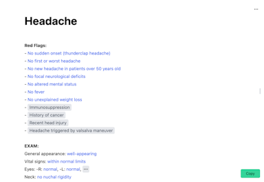 Headache template in the Dilato desktop app