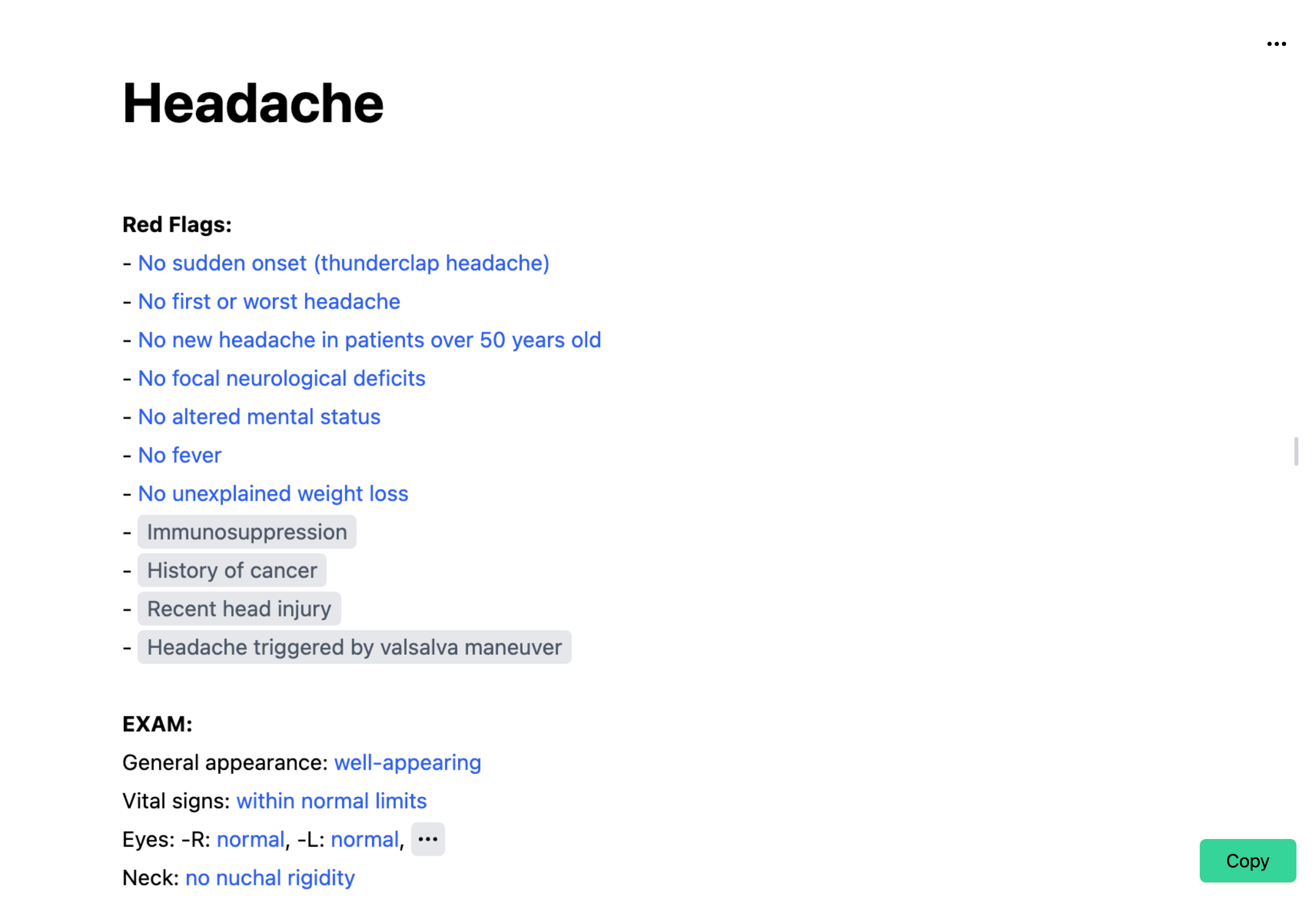 Headache template in the Dilato desktop app