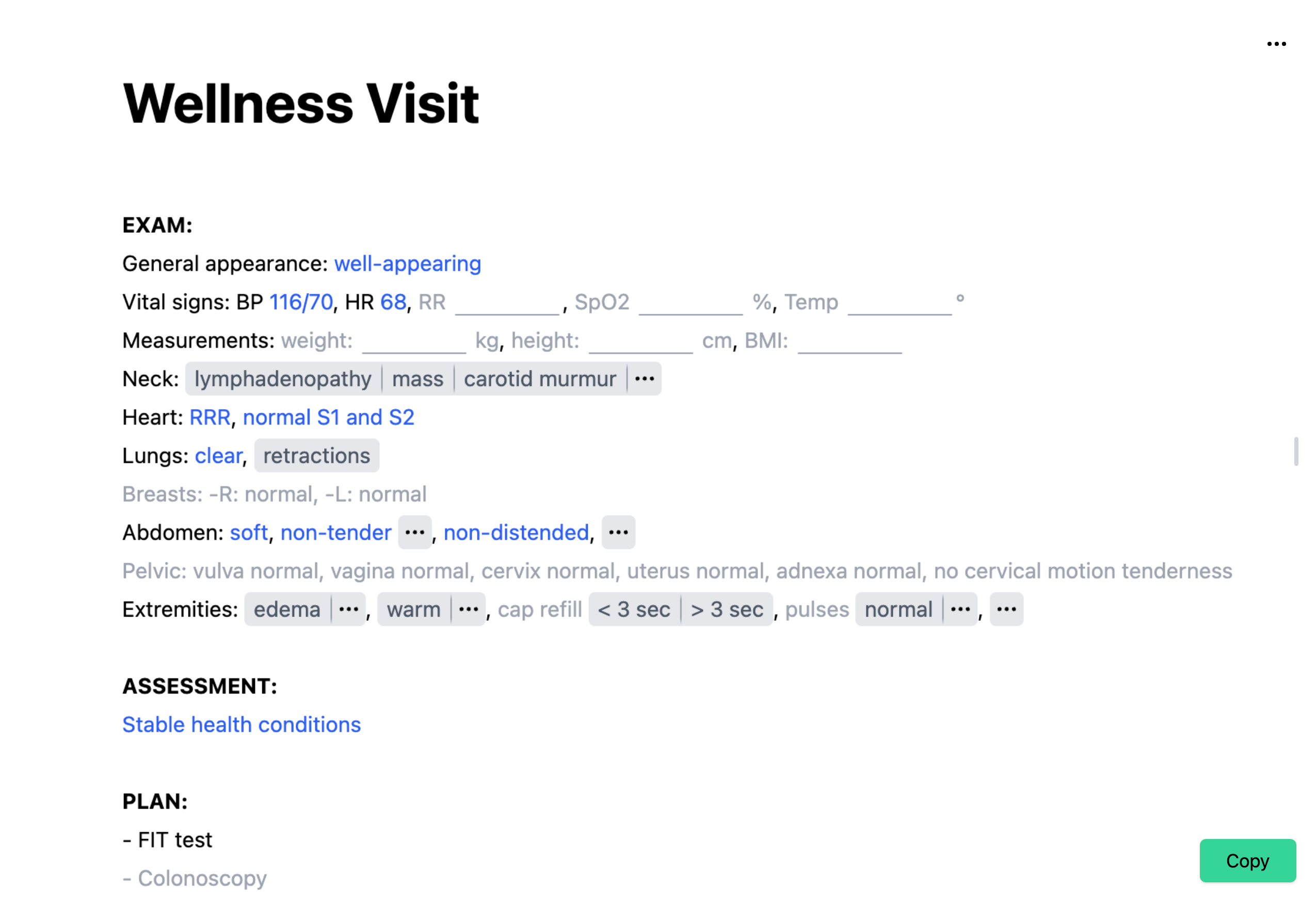 Wellness Visit template in the Dilato desktop app