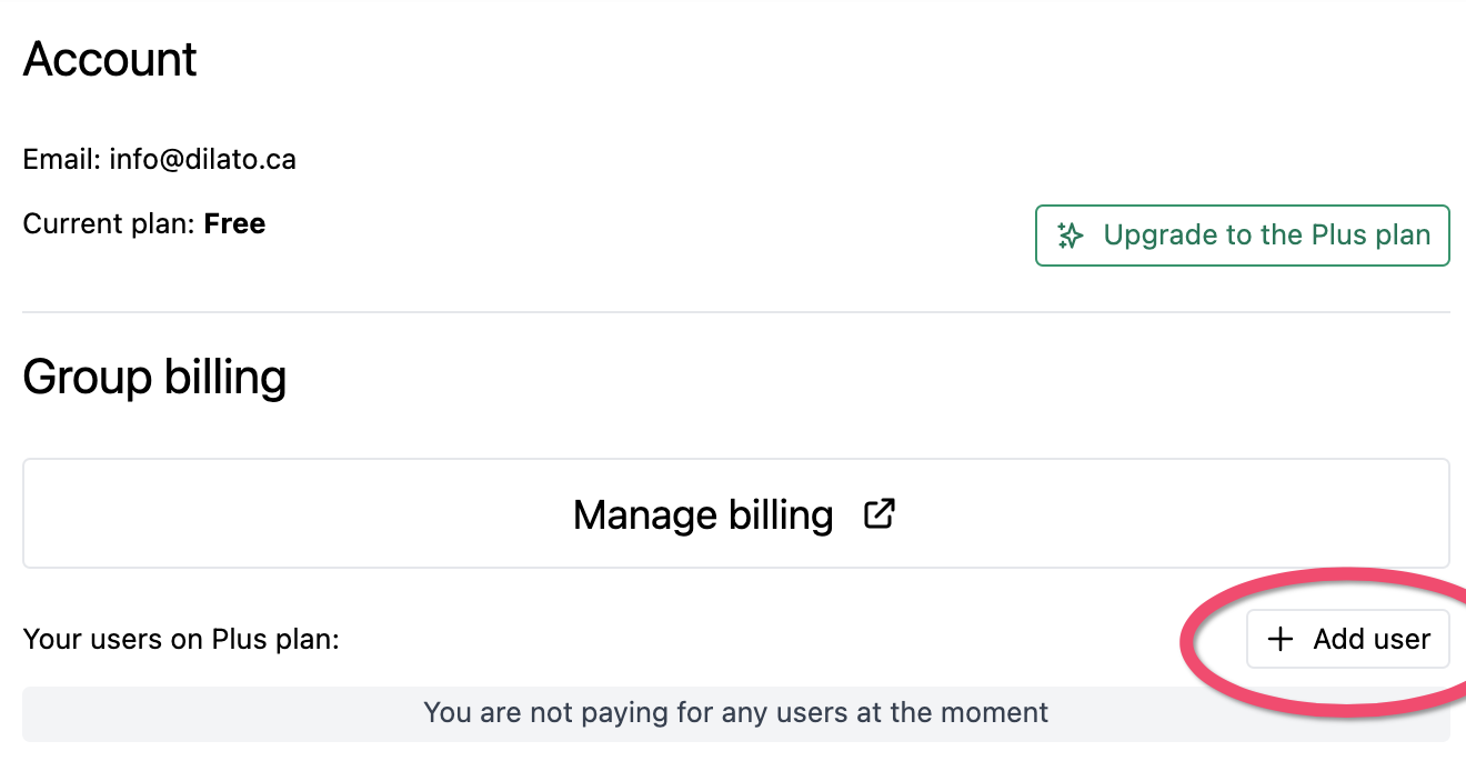 Add user button in Dilato group billing