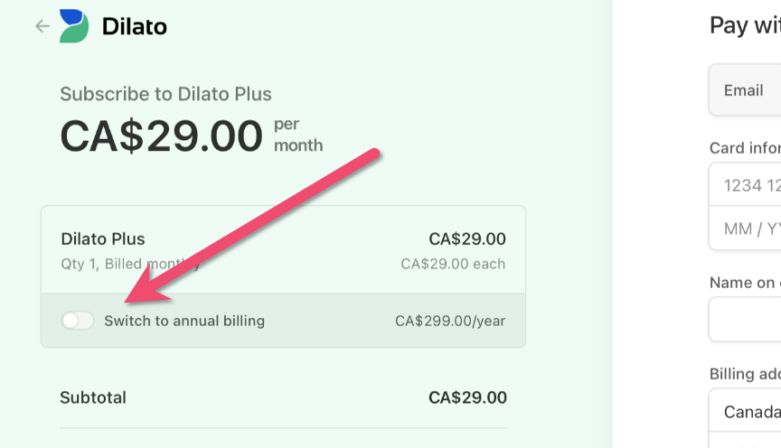 Toggle switch for annual billing in Dilato