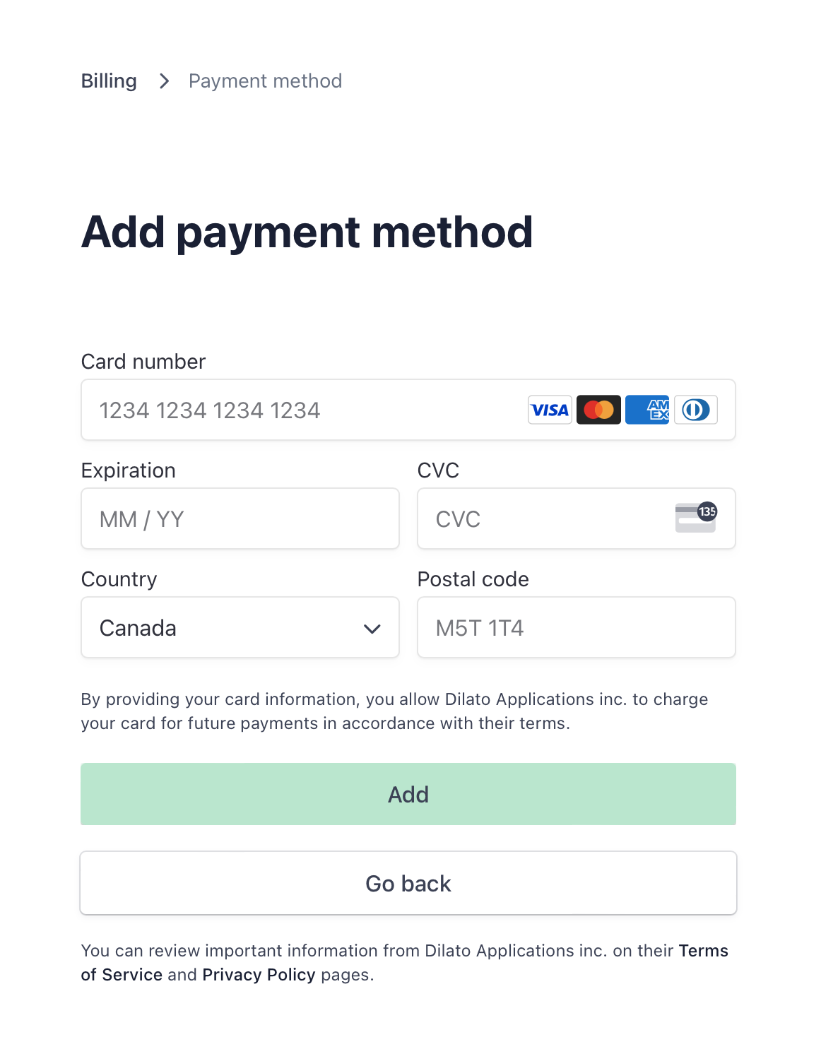 Enter credit card information page in Dilato