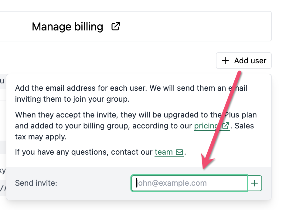 Enter email address popover in Dilato group billing