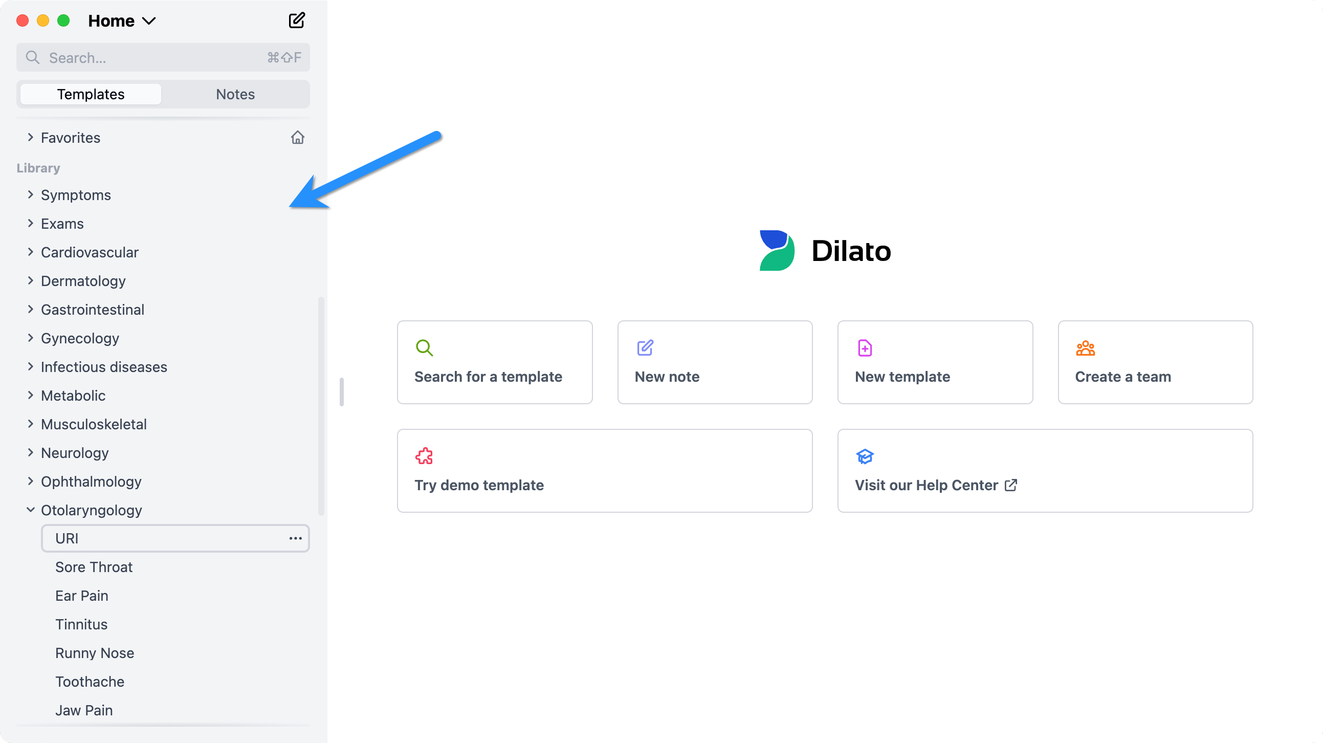 Selecting a template from the sidebar in Dilato