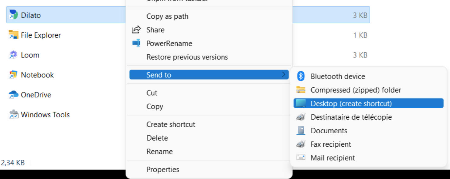 Option Envoyer vers le bureau pour le raccourci Dilato