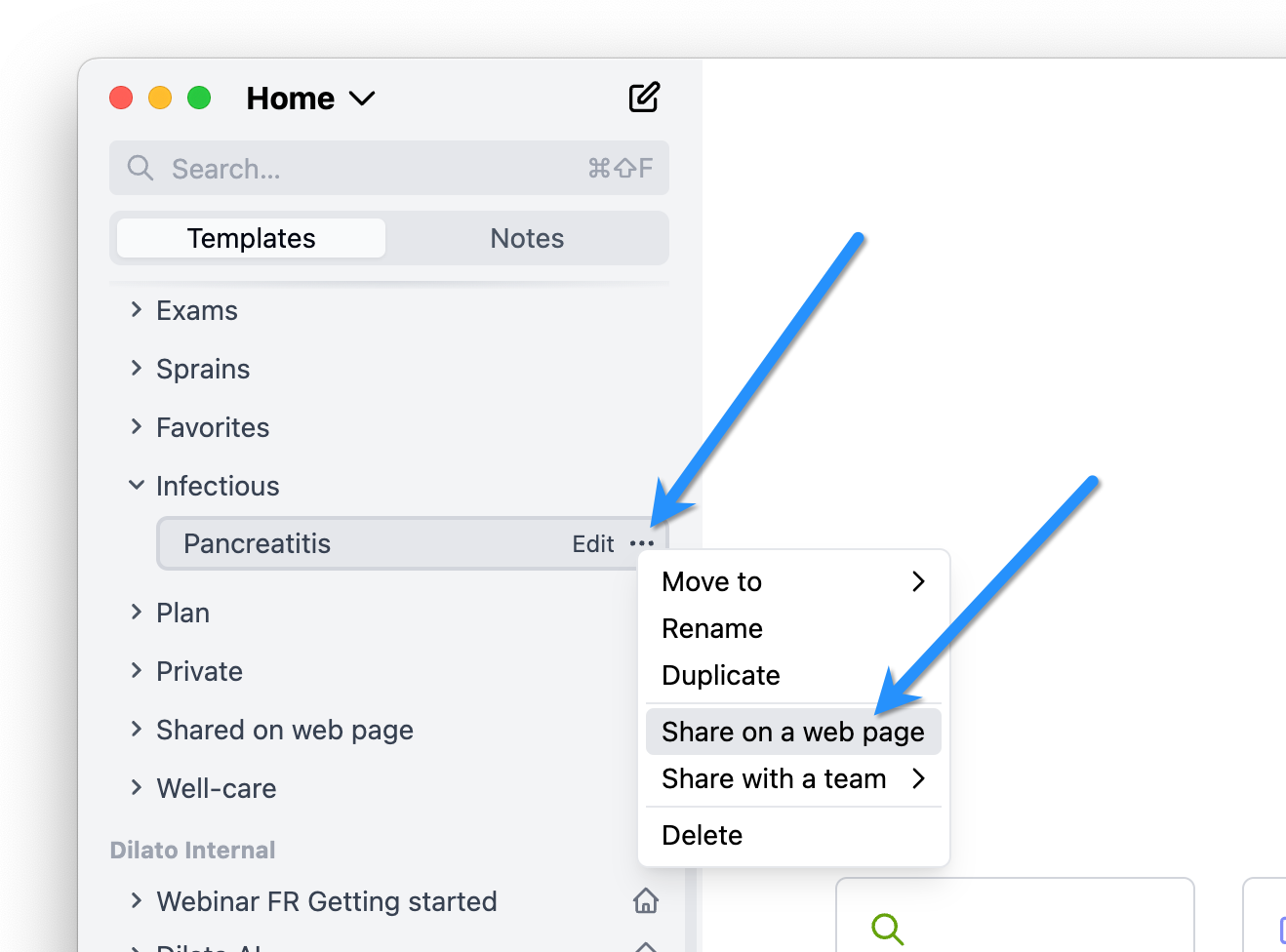 Share a template on a web page option in Dilato