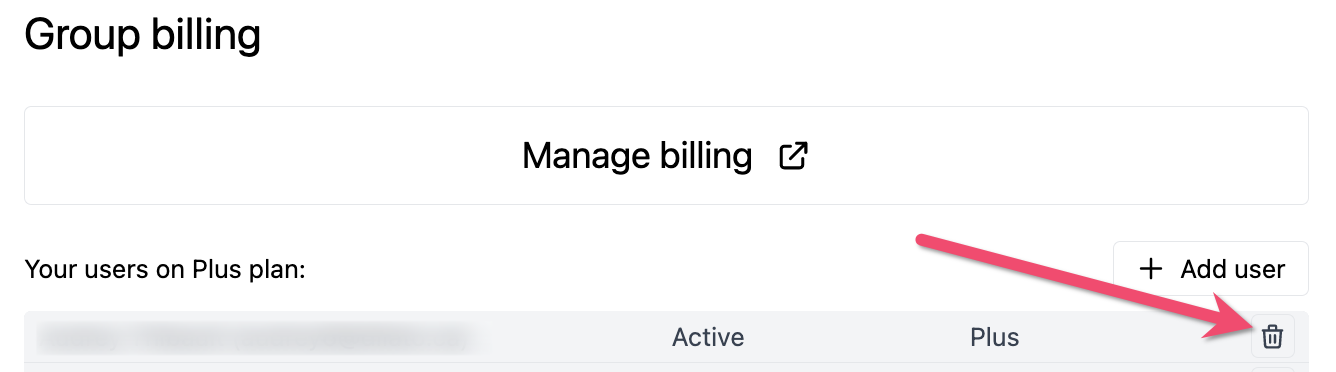 Trash button to remove user from group billing