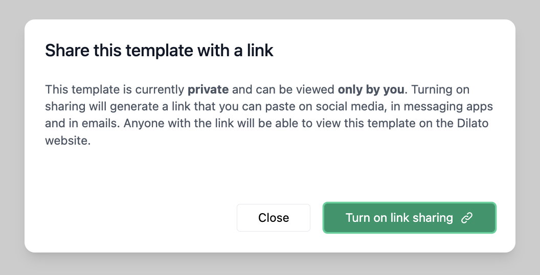 Turn on link sharing for a template in Dilato