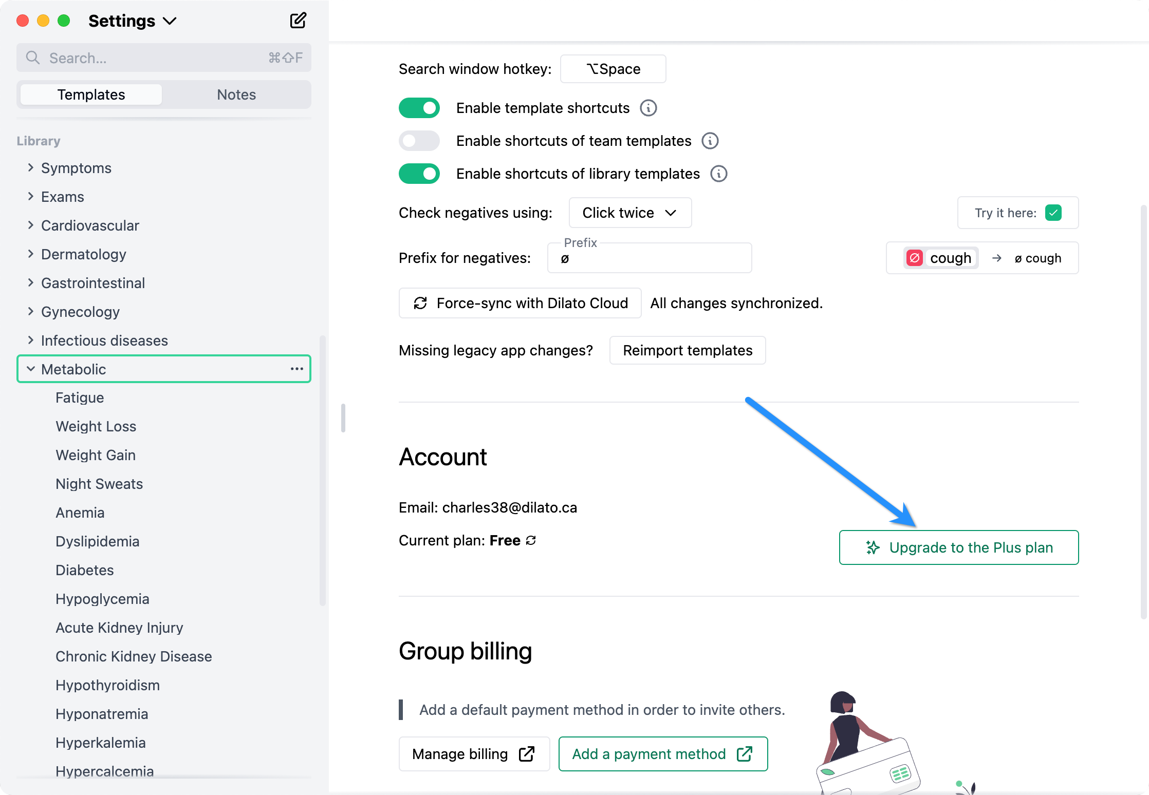 Upgrade to Plus plan button in Dilato